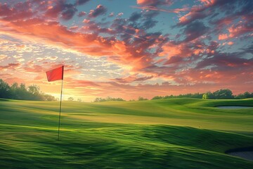 Stunning sunset over a tranquil golf course with a red flag on a green field. Serene landscape image perfect for nature and sports enthusiasts.