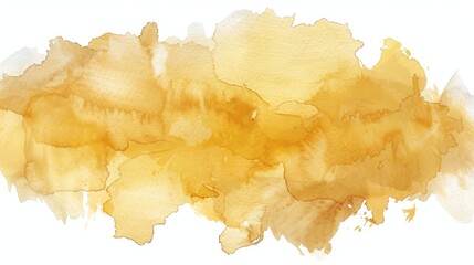 A close-up shot of a watercolor stain in various shades of yellow against a white background, copy space
