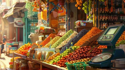 Fototapeta premium Vibrant market stall with fresh fruits and vegetables in various colors, showcasing a lively and colorful shopping environment.