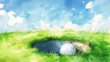 Watercolor illustration of a golf ball near a hole on a green course under a blue sky with colorful clouds. Perfect for sports and art concepts.