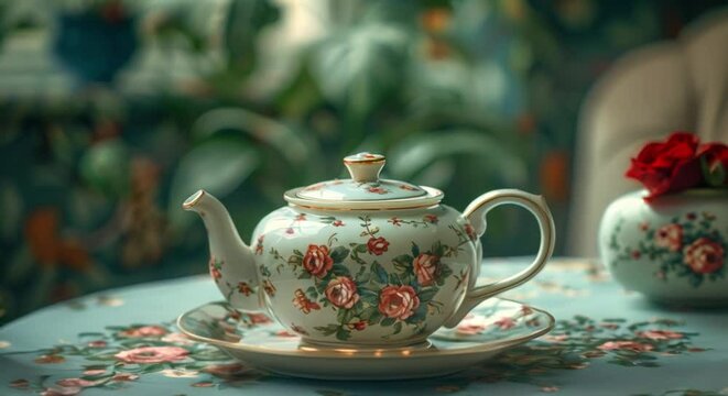 Vintage tea set on a floral tablecloth, quaint and charming party backdrop
