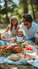 Hispanic Family Enjoying a Turkey Picnic in the Park, Embracing a Healthy Outdoor Meal on a Sunny Day