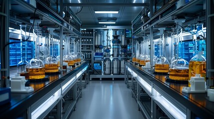 Fototapeta premium High-Tech Cannabis Extraction Laboratory. Modern high-tech laboratory with advanced equipment for cannabis extraction, highlighting the scientific process and technology.