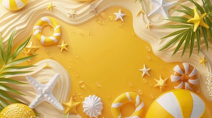Bright summer beach scene with yellow background, seashells, starfish, and beach toys. Ideal for summer theme designs and holiday concepts. 3D Illustration.