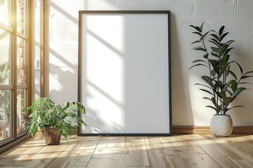Poster frame mockup on wooden floor created with Generative AI
