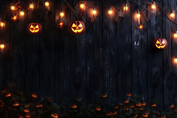  Dark wood wall with Halloween pumpkins and lights on it, photography backdrop, minimalistic...