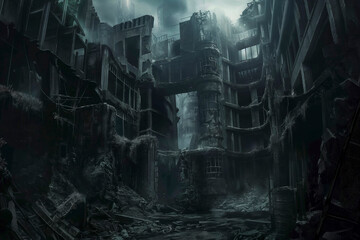 City ruins intertwined with remnants of futuristic architecture. architectural elements with the haunting atmosphere