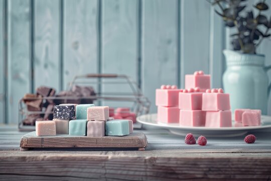 Celebrating National Fudge Day: Vibrant Assortment of Fudge on a Rustic Wooden Table, Captured in Soft Daylight