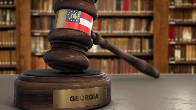 Georgia Flag on Judge Gavel or Hammer in Court with State Name. Legal System 3D Illustration