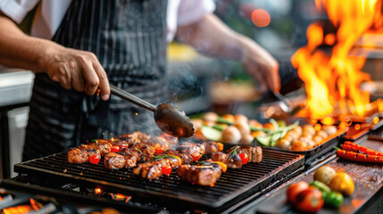 Naklejka premium A man is cooking food on a grill, with a variety of meats and vegetables on the grill. The man is wearing an apron and he is focused on his cooking. Concept of warmth and comfort