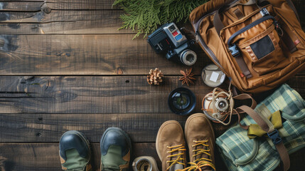 Hiking and Camping Equipment on Wooden Background