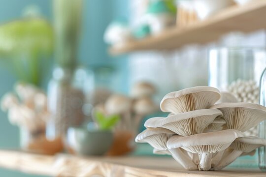Early Stage Mushroom Growth in a Modern Kitchen Environment, Featuring Natural Light and Earthy Decor