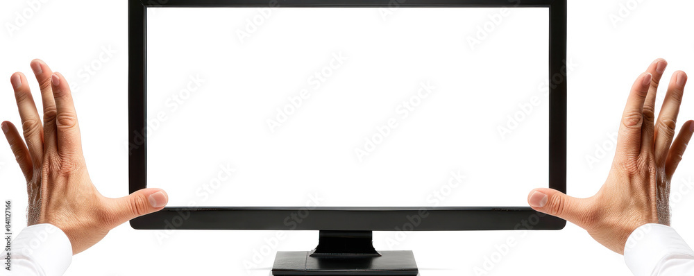 Poster a man is holding a computer monitor with a black screen. concept of emptiness and potential, as the 