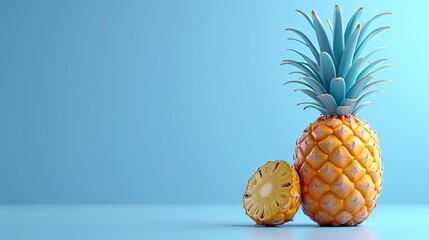 Fresh pineapple with a slice on a vibrant light blue background. High-quality image showcasing tropical fruit and summer vibes. 3D Illustration.