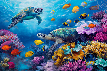 Fototapeta premium colorful coral reef with many fishes and sea turtle