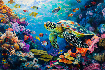 Naklejka premium colorful coral reef with many fishes and sea turtle