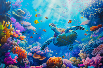 Obraz premium colorful coral reef with many fishes and sea turtle