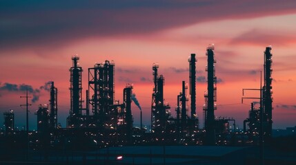 Fototapeta premium An oil refinery with its silhouette stark against the fading light, showcasing the industrial might and power of energy production.
