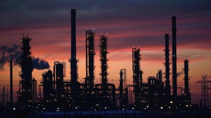 Fototapeta premium An oil refinery with its silhouette stark against the fading light, showcasing the industrial might and power of energy production.