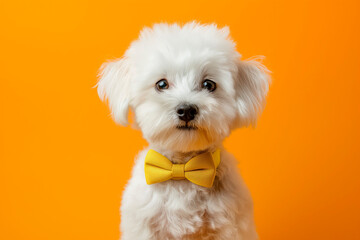 Cute Maltipoo dog with yellow bow tie on neck against orange background