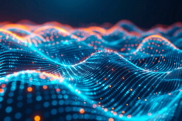 Cyber big data flow. Blockchain data fields. Network line connect stream. Concept of AI technology, digital communication, science research, 3D illustration music waves