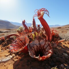 A plant with pink flowers and green leaves is growing in a desert
