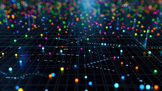 Complex scatter plot representing crypto market predictions with dots in various colors spread across a grid, symbolizing different outcomes