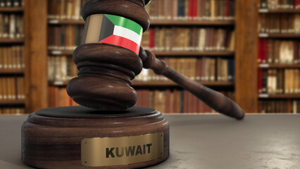 Kuwait Flag on Judge Gavel or Hammer in Court with Country Name. Legal System 3D Illustration