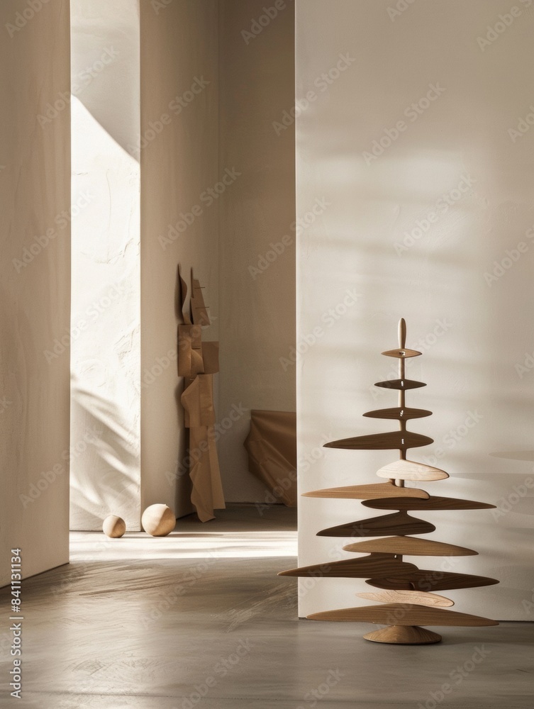 Poster minimalist japandi-style christmas tree in a serenely lit room with sustainable and eco-friendly des