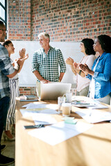 Business people, manager and applause for achievement in presentation with company growth or target...