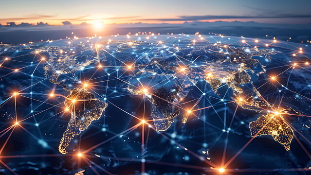 Global business with international CRM development, featuring interconnected markets and innovative strategies for market expansion and management