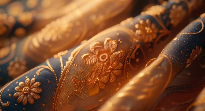 Close-up of a luxurious gold embroidered fabric, photorealistic, detail focused