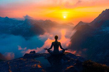 A determined athlete practicing yoga on a mountaintop at sunrise. - Powered by Adobe