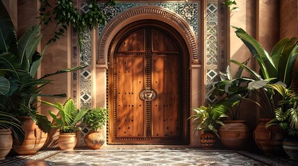 A luxurious entrance with a sandalwood door and a Moroccan tile floor - Powered by Adobe