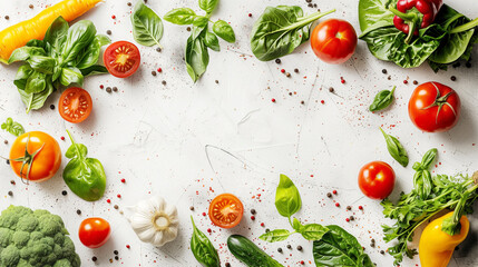 葉野菜、トマト、ピーマンなどの野菜のフレーム背景