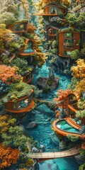 Obraz premium 7 Low carbon footprint homes flat design bird's-eye view sustainable living water color vivid