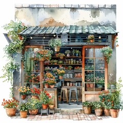 The image is of a watercolor painting of a small business. The business has a flower shop and a cafe. The exterior of the building is decorated with flowers and plants.
