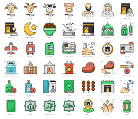 Eid Al Adha and Hajj Icon Pack in Lineal Color Style Suitable for Web and Apps icon, Poster, or Social Media Purpose