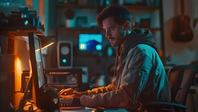a man is doing business using a computer with a room background