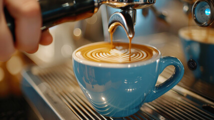 A person is pouring coffee into a blue cup with a heart design. The coffee is poured from a machine, and the cup is placed on a counter. Concept of warmth and comfort