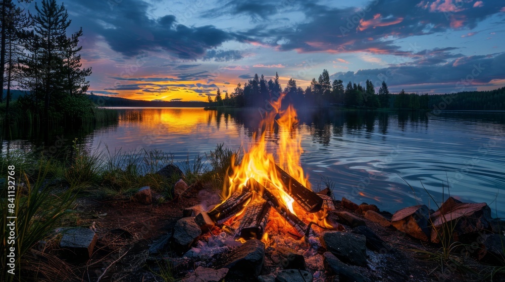 Poster a fire is burning in front of a lake, with the sun setting in the background