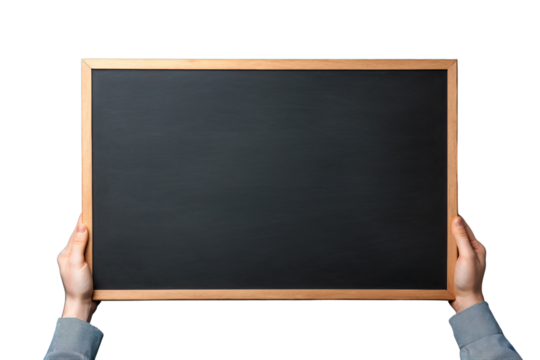 Male hands holding an empty blank chalkboard or blackboard, isolated on transparent background