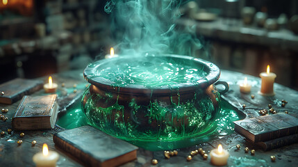  A cauldron bubbling with a green potion, surrounded by spell books and candles.