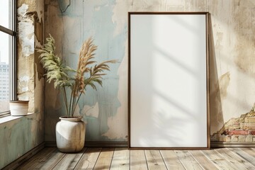 Poster frame mockup on wooden floor created with Generative AI