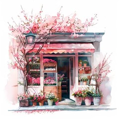 The image shows a watercolor painting of a flower shop with a pink awning and pink flowers in front of it. There is a tree with pink blossoms next to the shop.