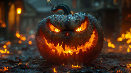  A close-up of a spooky jack-o'-lantern with an evil grin.
