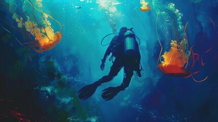 Fototapeta premium Underwater Diver with Glowing Jellyfish, Generative AI