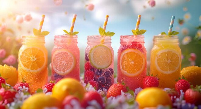 Fresh lemonade stand with colorful drinks, cheerful summer day background