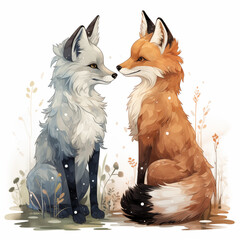 Watercolored fox couple animal in cartoonstyle
