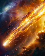 A fiery depiction of a meteor as it enters the atmosphere, creating an intense explosion